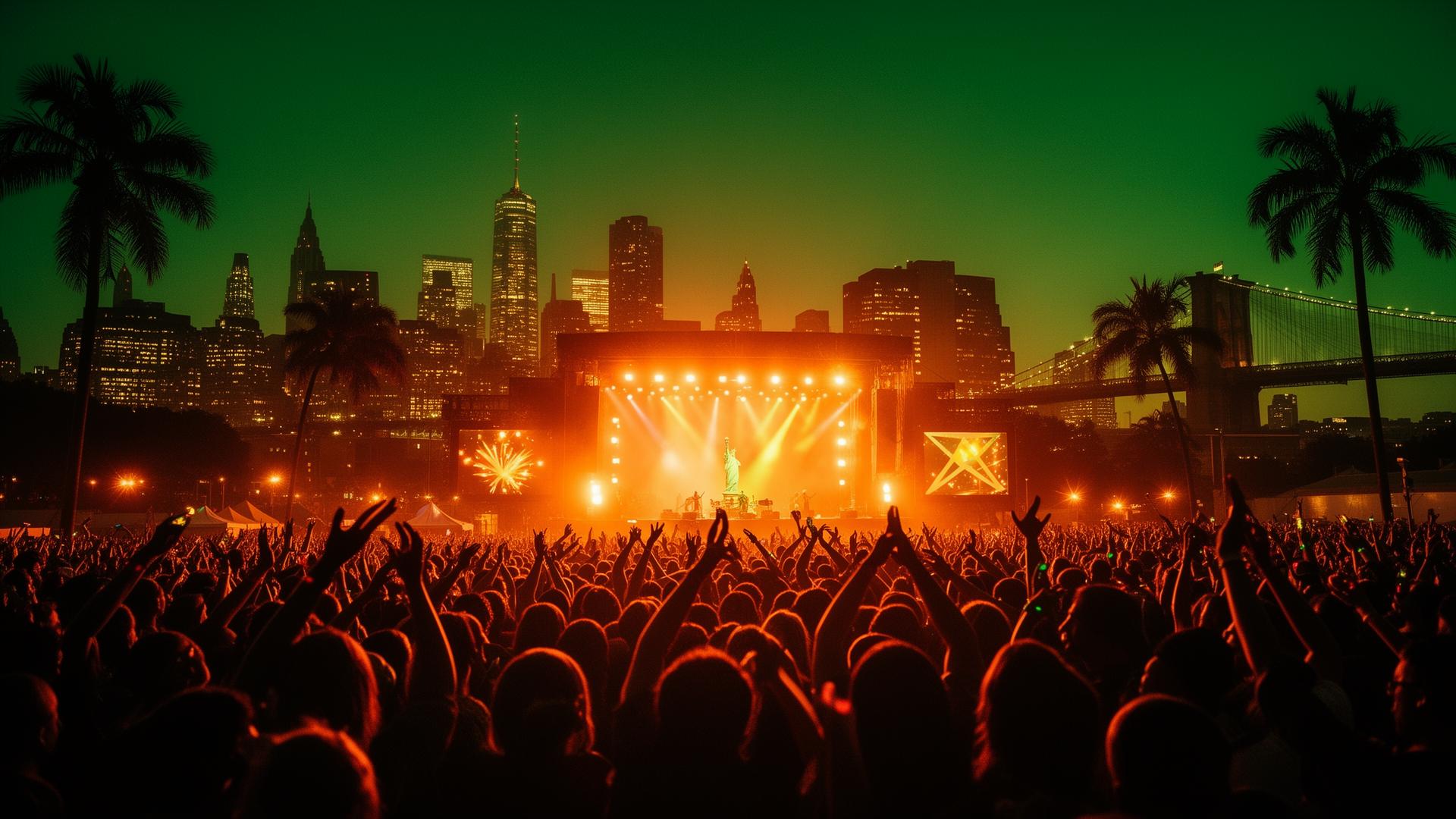 Caribbean concert crowd under stage lights with New York skyline